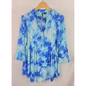 New Directions Women's Top Plus Size 1X Blue Tie Dye 3/4 Sleeve V-Neck Shirt